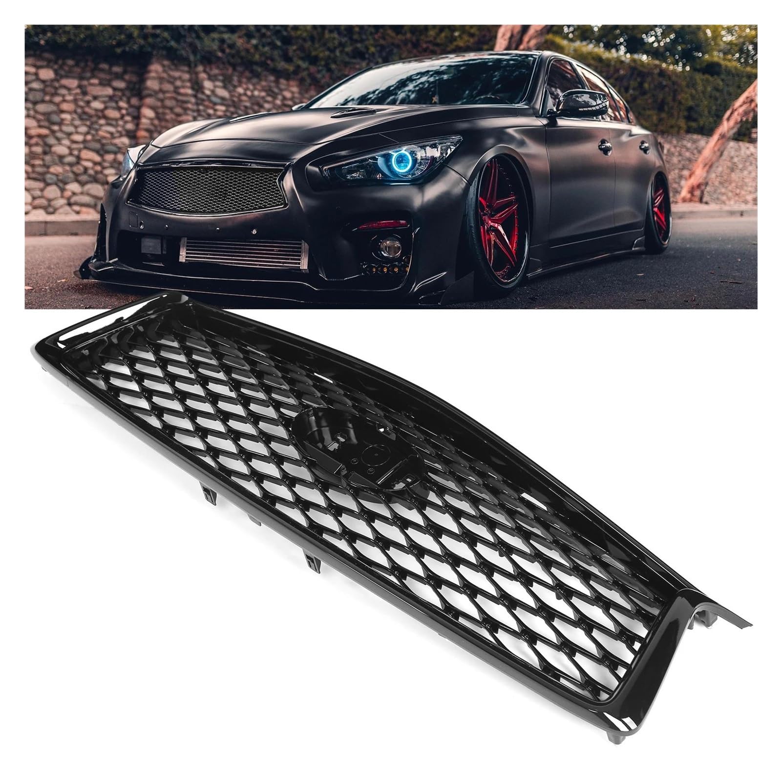 Auto Kühlergrill Für Infiniti Q50 2018‑2021 ER Style Auto-Außenmodifikationsteile, Schwarz Glänzender Frontstoßstangen-Gittergrill, Kein Acc-Loch-Ersatz Front Kühlergrill von TASEKI