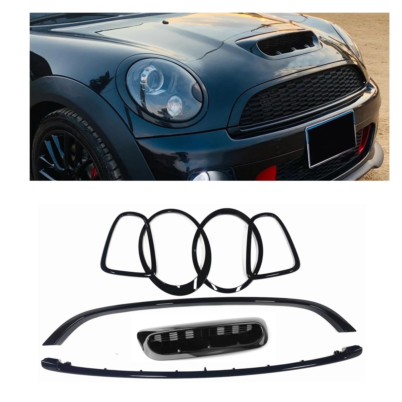 Auto Kühlergrill Für Mini Für Cooper S R55 R56 R57 R58 R59 JCW 2007-2014 Vorne + Hinten Lampe Abdeckung Scheinwerfer Rahmen + Motorhaube Scoop + Grill Grill Trim Front Kühlergrill von TASEKI