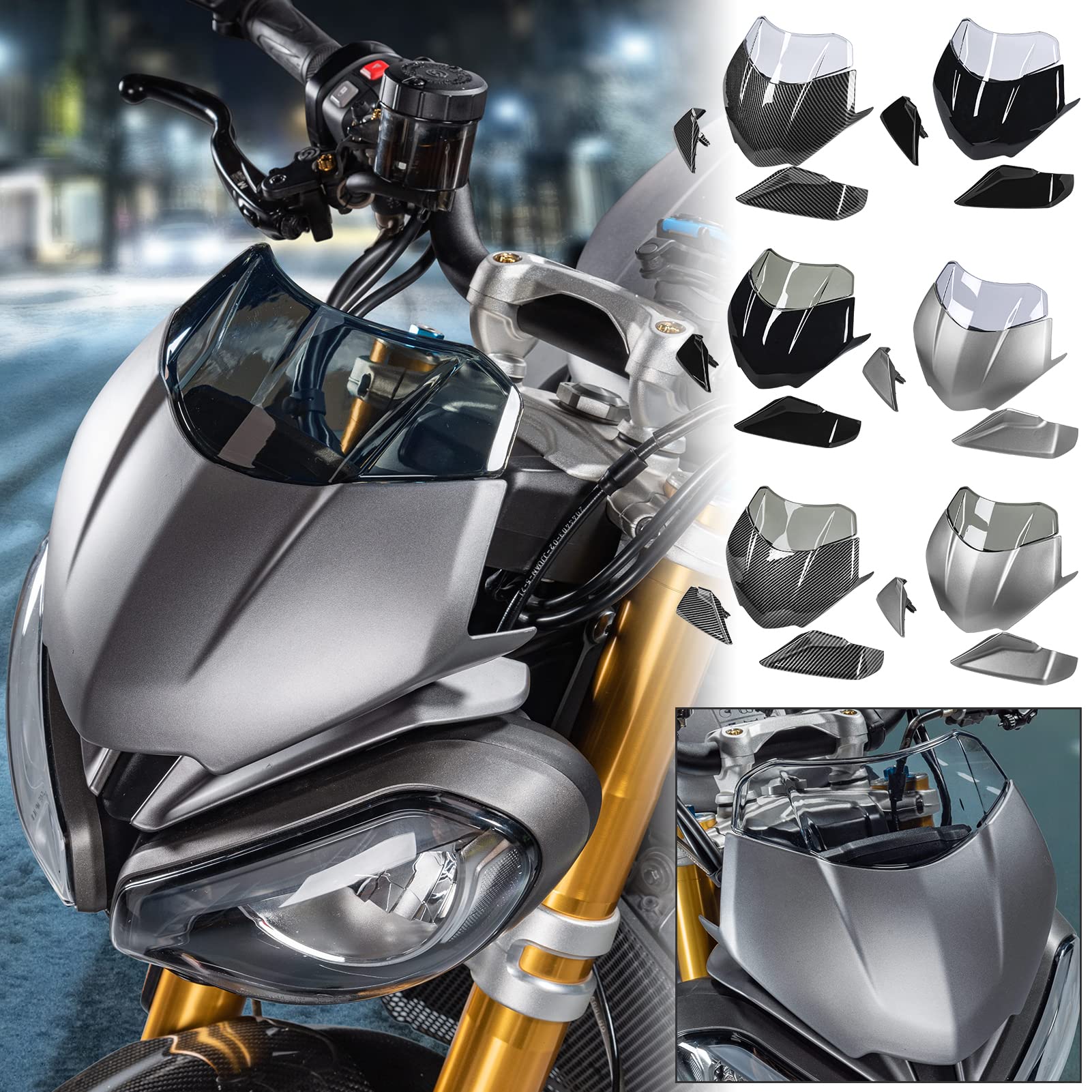 Motorrad-Frontverkleidung, Windschutzscheibe für Triumph Speed Triple 1200 RS 1200 RS 2021 2022 2023, Scheinwerfermaske, Visier, Fliegenschutz, Schutz, Windabweiser (Rauch+Carbon-Look) von TAZGANTAX