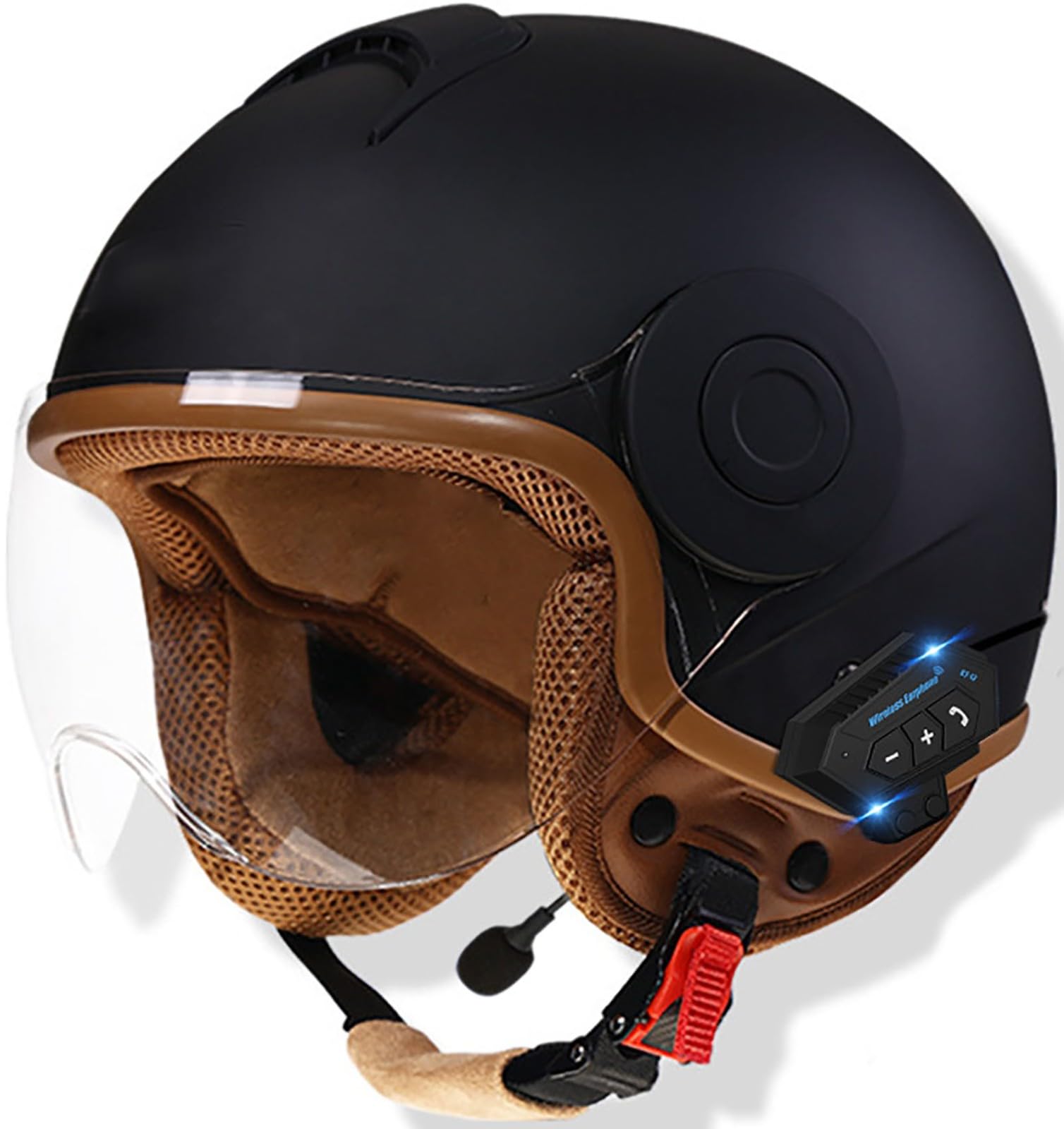 Bluetooth Jethelm Motorradhelm Mit Sonnenblende Retro Motorrad Halbhelme Halbschalenhelm Roller-Helm DOT/ECE-Zertifizierter Cruiser Scooter-Helm Schutzhelm Für Herren Und Damen 1,56-62CM von TBTBZXCV