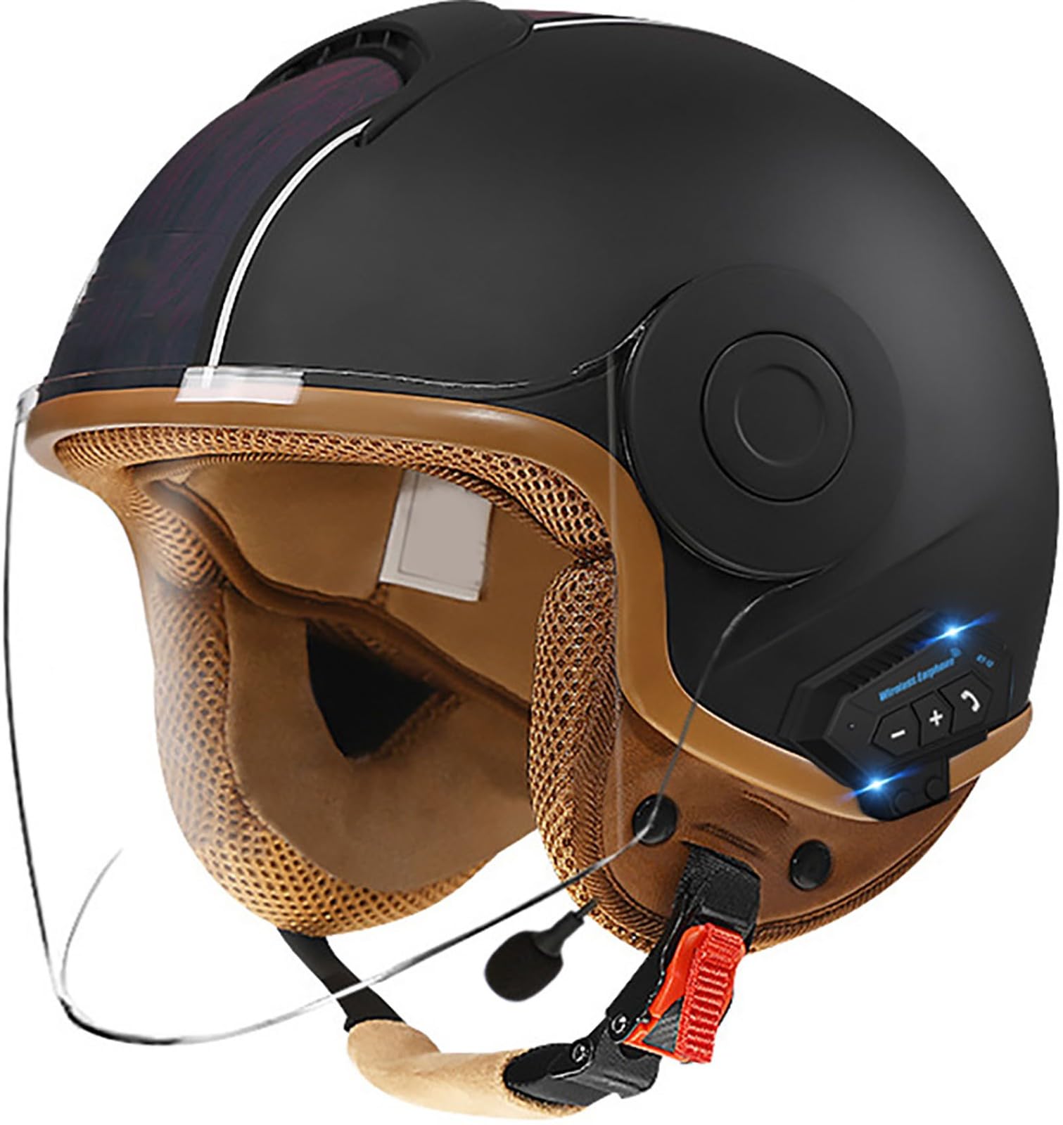 Bluetooth Jethelm Motorradhelm Mit Sonnenblende Retro Motorrad Halbhelme Halbschalenhelm Roller-Helm DOT/ECE-Zertifizierter Cruiser Scooter-Helm Schutzhelm Für Herren Und Damen 18,56-62CM von TBTBZXCV