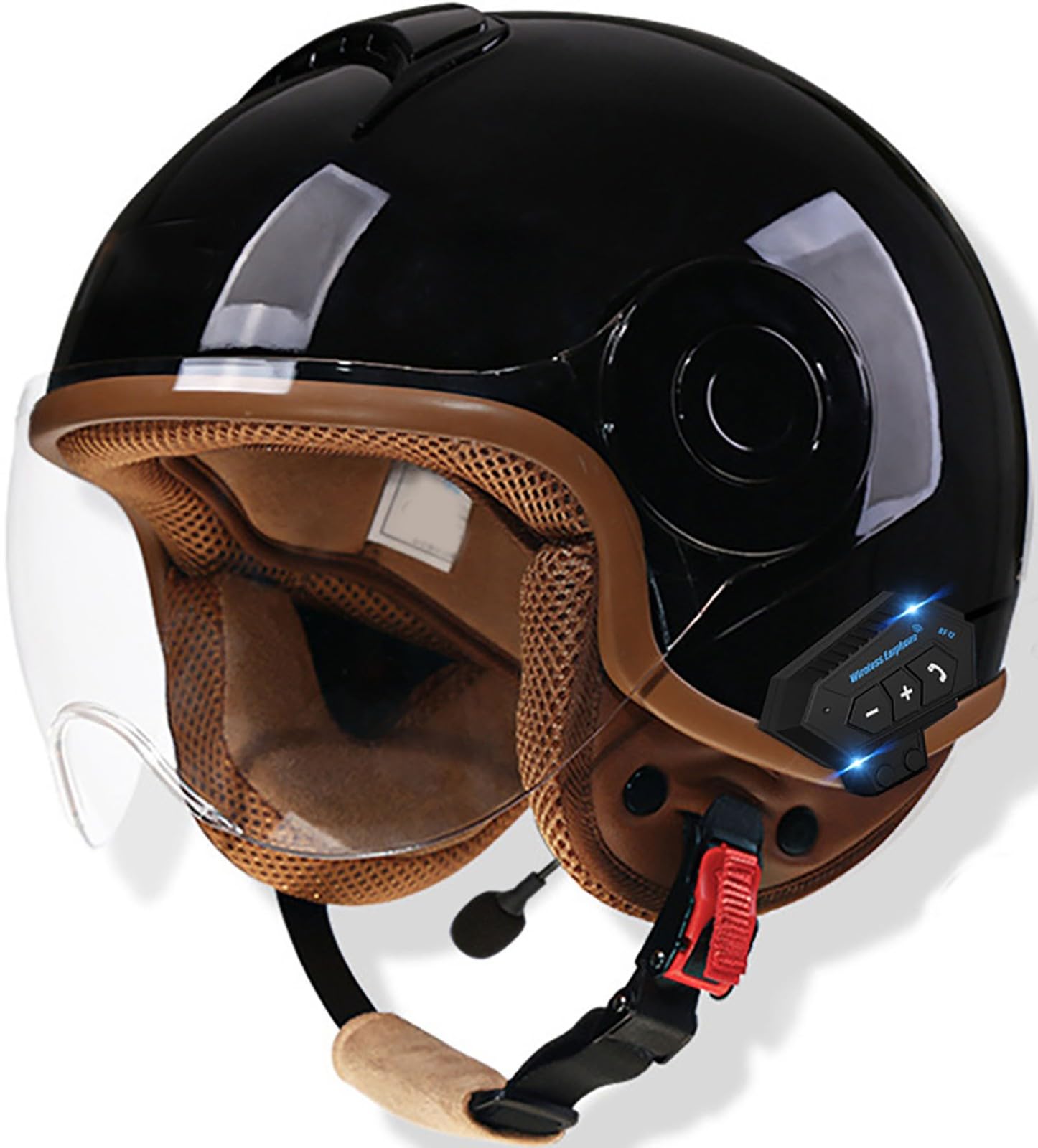 Bluetooth Jethelm Motorradhelm Mit Sonnenblende Retro Motorrad Halbhelme Halbschalenhelm Roller-Helm DOT/ECE-Zertifizierter Cruiser Scooter-Helm Schutzhelm Für Herren Und Damen 3,56-62CM von TBTBZXCV