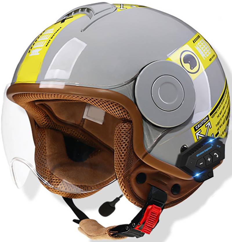 Bluetooth Jethelm Motorradhelm Mit Sonnenblende Retro Motorrad Halbhelme Halbschalenhelm Roller-Helm DOT/ECE-Zertifizierter Cruiser Scooter-Helm Schutzhelm Für Herren Und Damen 7,56-62CM von TBTBZXCV