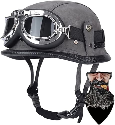 Leder Motorrad Halbhelme Deutsche Retro Halbschalenhelm Jethelm Mit Visier Schnellverschluss Schnalle Für Cruiser Chopper Biker Moped DOT/ECE-Zulassung 3,XL von TBTBZXCV