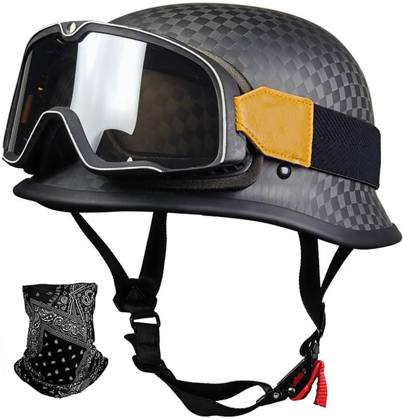 Motorradhelm Deutsche Kohlefaser Motorrad Halbschalenhelm DOT/ECE-Zulassung Retro Jethelm Mit Sonnenbrille Und Schnellverschlussschnallen Für Cruiser Chopper Biker Moped 10,M=57-58CM von TBTBZXCV