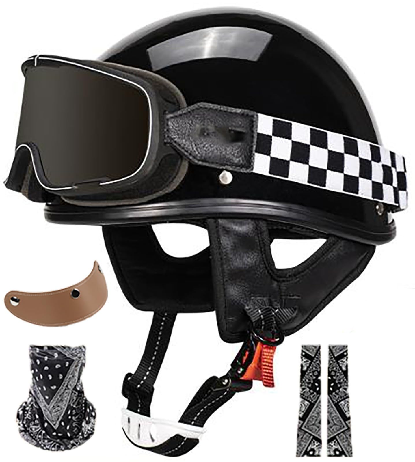 Vintage Motorradhelm Deutsche Motorrad Halbschalenhelm DOT/ECE-Zulassung Retro Damen Herren Jethelm Mit Sonnenbrille Und Schnellverschlussschnallen Für Cruiser Chopper Moped 3,L=59-60CM von TBTBZXCV