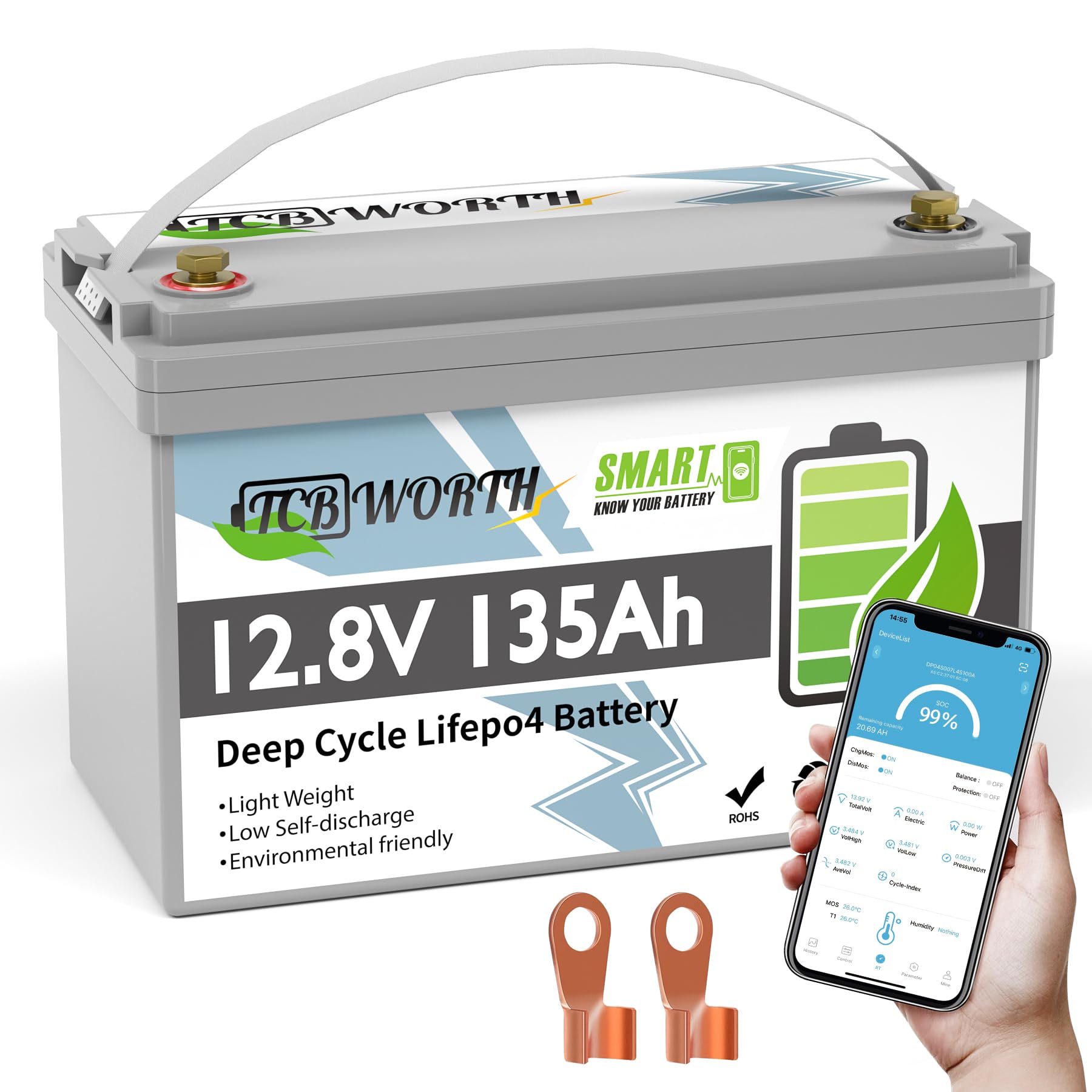 TCBWORTH LiFePO4 135Ah Bluetooth 12.8V Batterie,lithium batterie 100A BMS, 4000-15000 Zyklen Deep Cycle akku, Perfekter Ersatz für Blei-Säure Batterien für wohnmobil, Camping, Solar Home Systeme, Boot von TCBWORTH