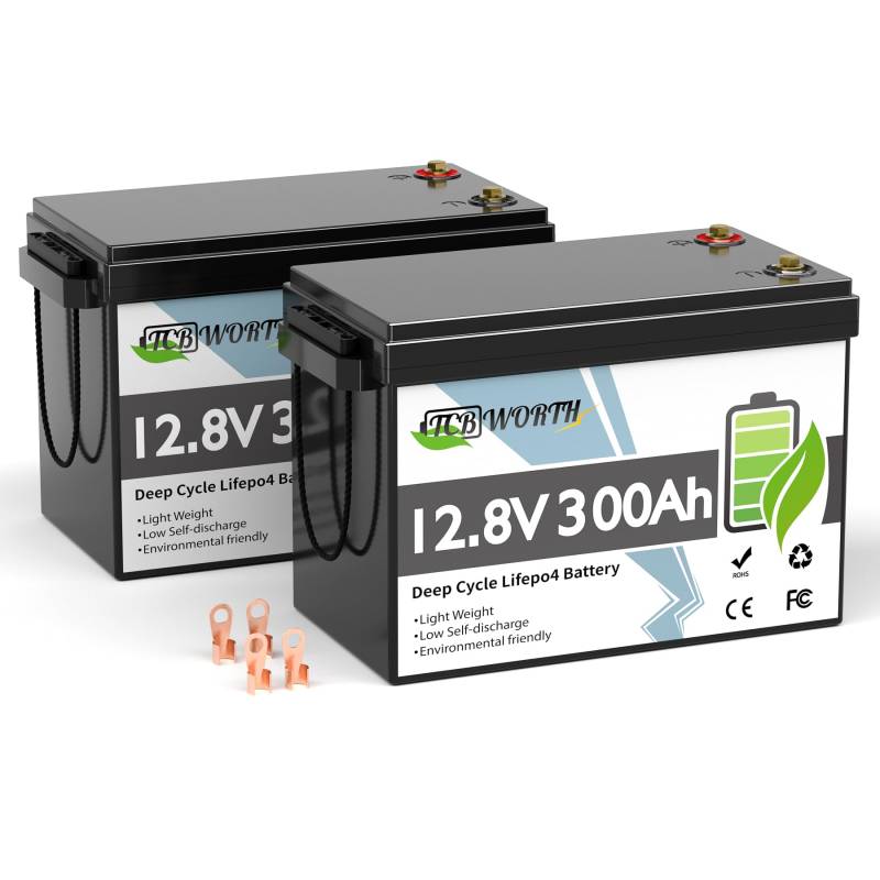 TCBWORTH LiFePO4 300Ah 12.8V Batterie 2 Pakete, lithium batterie 200A BMS, 4000+ Zyklen Deep Cycle akku, Perfekter Ersatz für Blei-Säure Batterien für wohnmobil, Camping, Solar Home Systeme, Boot von TCBWORTH