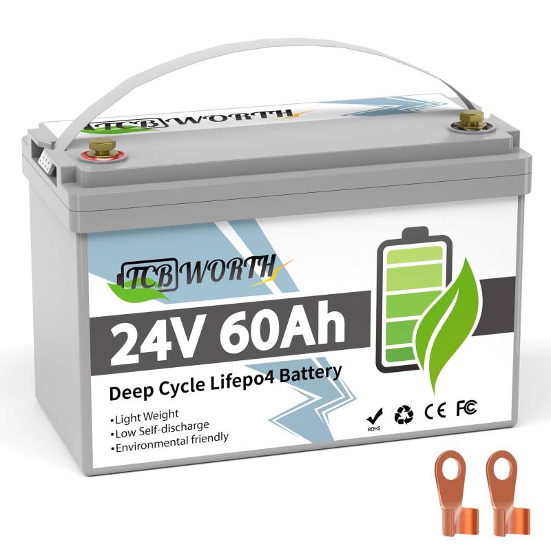 TCBWORTH LiFePO4 60Ah 24V Batterie, lithium batterie 60A BMS, 4000-15000 Zyklen Deep Cycle akku, Perfekter Ersatz für Blei-Säure Batterien für wohnmobil, Camping, Solar Home Systeme von TCBWORTH