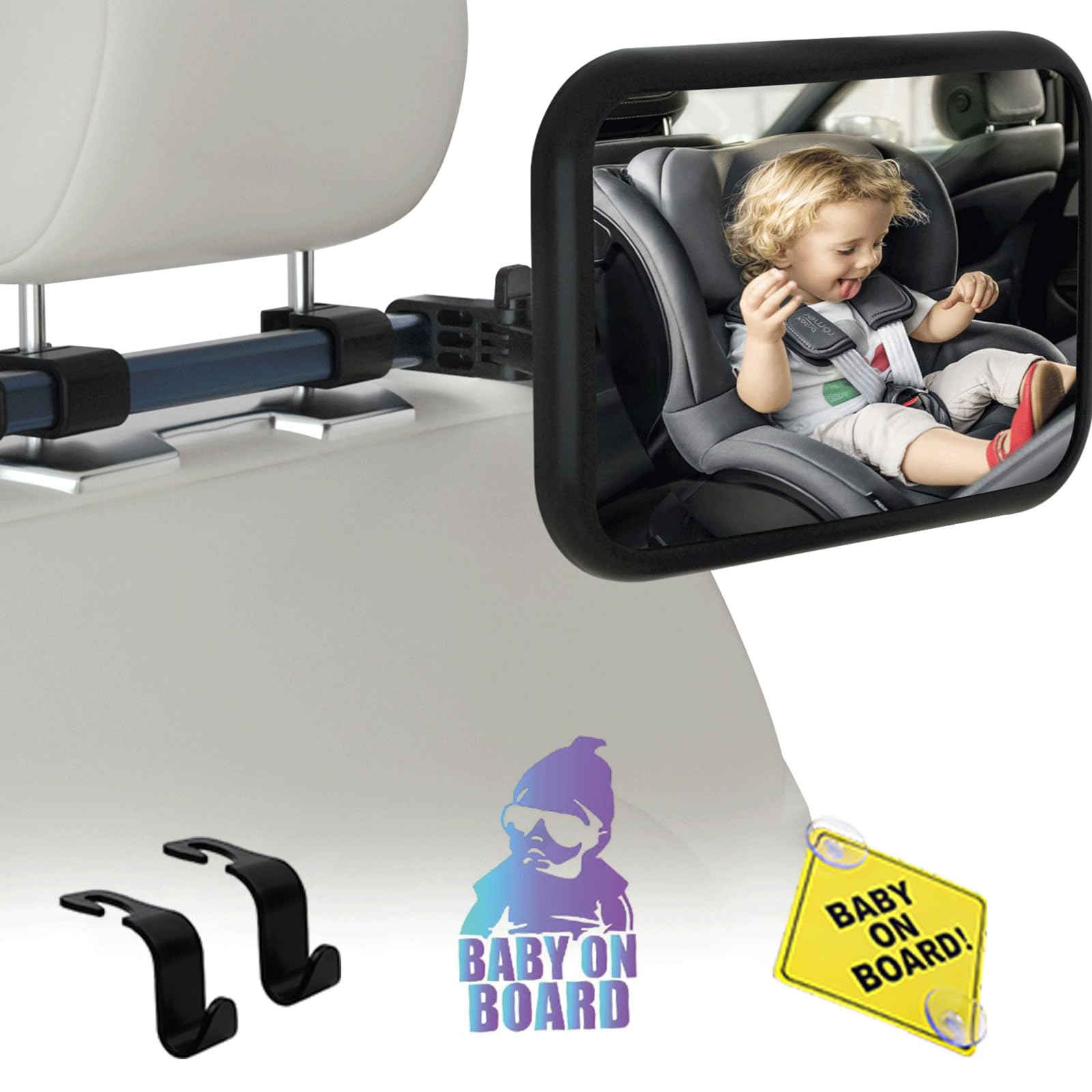 Baby Spiegel Auto ||360°Schwenkung || Teleskopisch und verstellbar||100% Bruchfest Autospiegel Baby Rücksitz Mit Clip|| 2 Pcs Autohaken und Autoaufkleber|| Baby im Auto(10 x 6.8IN) von TDFERAN