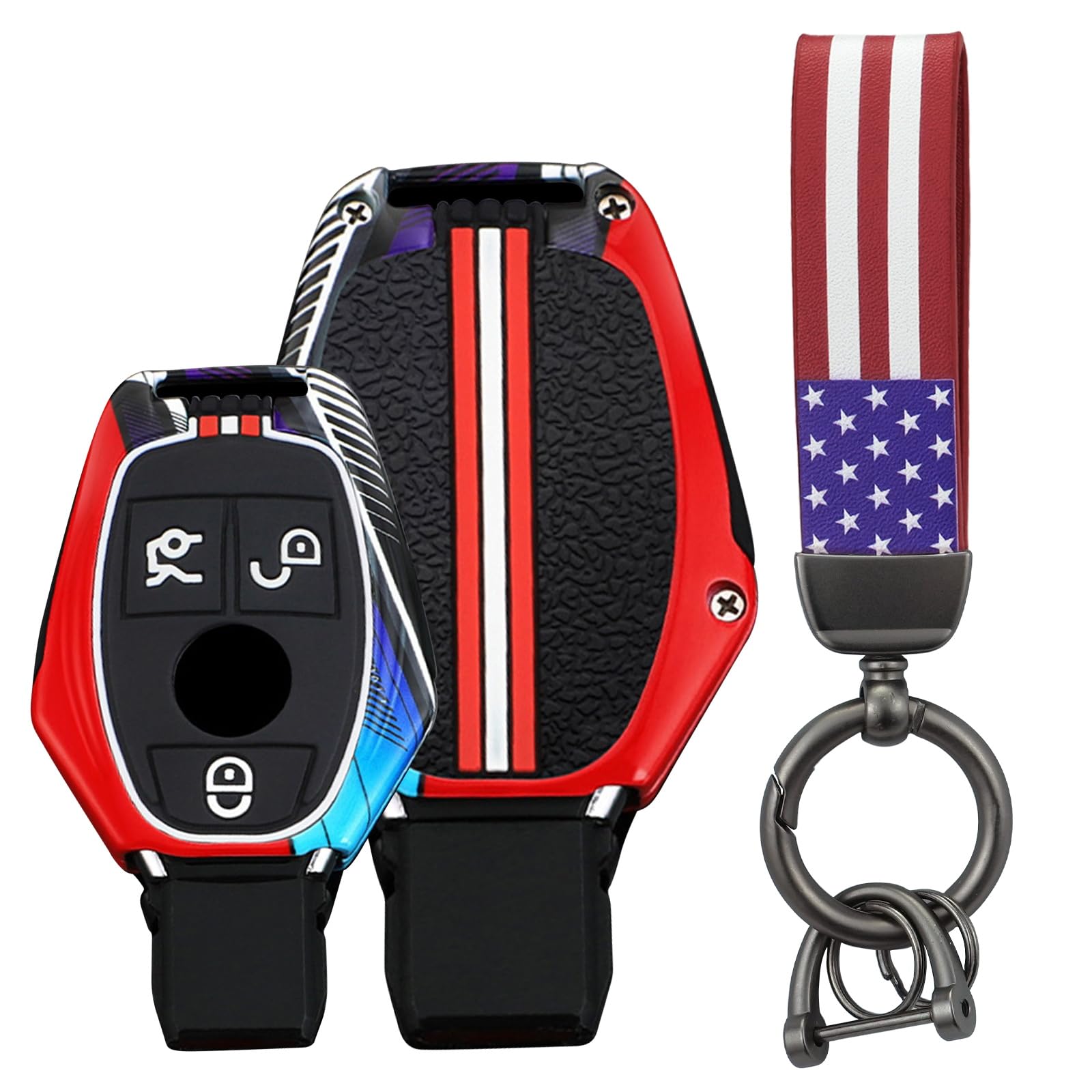 TECART Autoschlüssel etui Fluoreszenz Passt für Mercedes Benz W164 W176 W245 W204 W211 W212 W245 A209 A203 Geburtstagsgeschenke Metall Amerikanischer Flagge USA Schlüsselanhänger 3 Tasten Rot von TECART