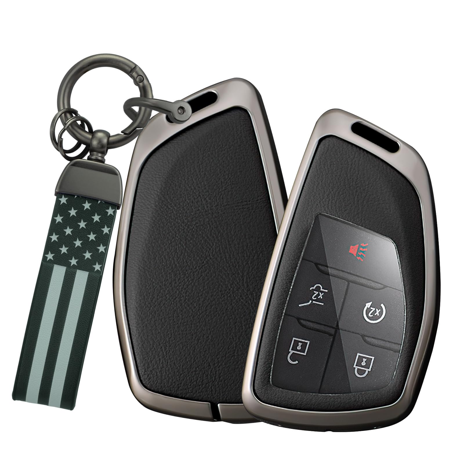 TECART Leder-Schlüssel-Schutzhülle, passend für Buick Avenir Envision Encore Chevy Silverado Suburban Tahoe GMC Yukon Denali Sierra Metall Keyless Entry Fernbedienung Schlüsselanhänger Schwarz von TECART