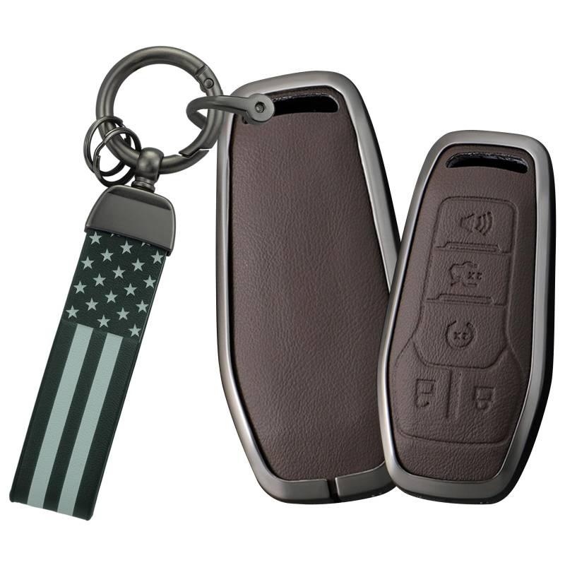 TECART Metall-Schlüsselanhänger-Abdeckung, Leder, für Ford Edge Fusion Explorer Mustang Lincoln MKZ MKC MKX Smart Keyless Remote Cover Braun von TECART