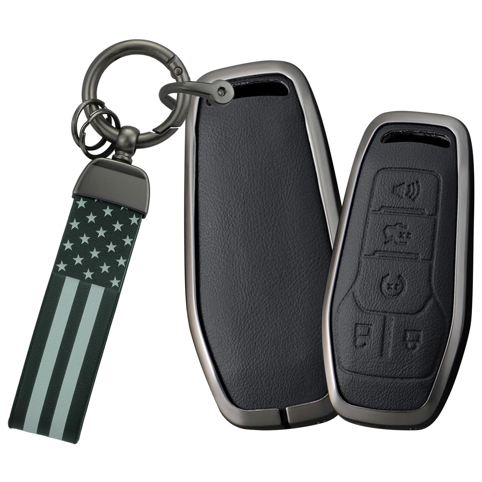 TECART Metall-Schlüsselanhänger-Abdeckung, Leder, für Ford Edge Fusion Explorer Mustang Lincoln MKZ MKC MKX Smart Keyless Remote Cover Schwarz von TECART