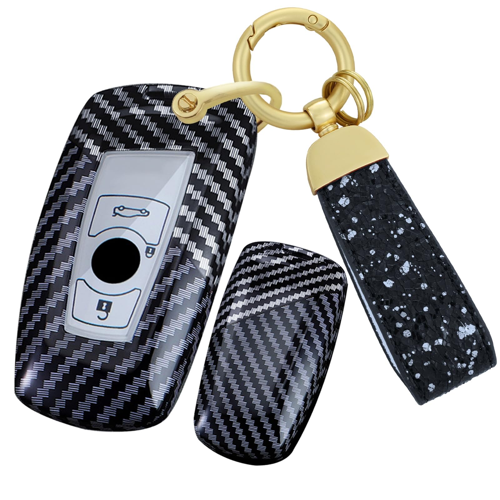 TECART PC Kohlefaser Schlüsselschutz Schlüsseltasche Passt für BMW 1 2 3 4 5 6 7 Serie F35 F22 X3 F25 F20 F22 F30 F10 F11 F06 F01 Metal Schlüsselanhänger Autoschlüsselhalter 3 Tasten-Schwarz Weiß von TECART