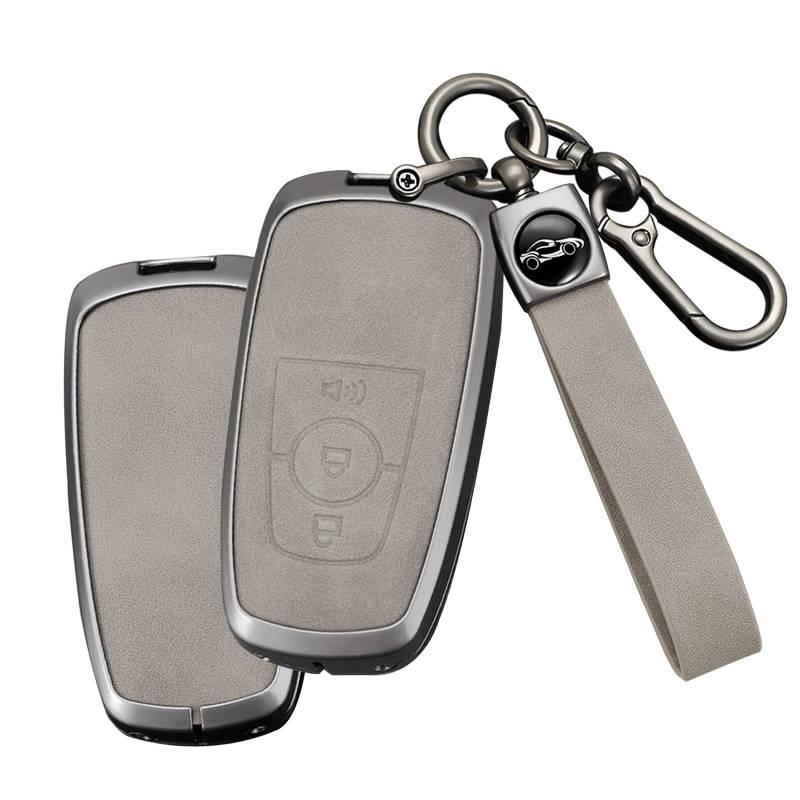 TECART Schlüsselhülle aus Zinklegierung und Leder, mit Schlüsselanhänger, für Ford Explorer Fusion Escape Edge Expedition für F150 Smart Key Cover 3 Tasten Grau, 3 Knopf-Horn-Grau, 3 Button-Horn-Grey von TECART