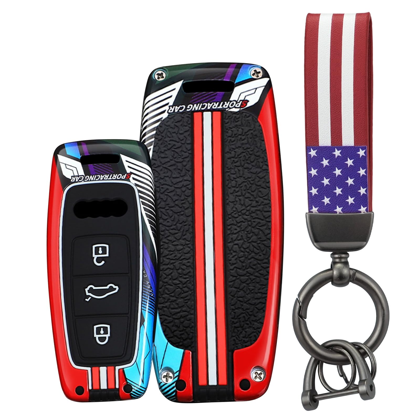 TECART Smart Autoschlüssel Hülle Passt für Audi A6 A7 A8 E-Tron S6 RS6 S7 RS7 Q7 SQ7 Q8 SQ8 A6L Autoschlüsseletui USA Flagge Schlüsselanhänger Silikon Schlüsseltasche Nachtleuchtend 3 Tasten Rot von TECART