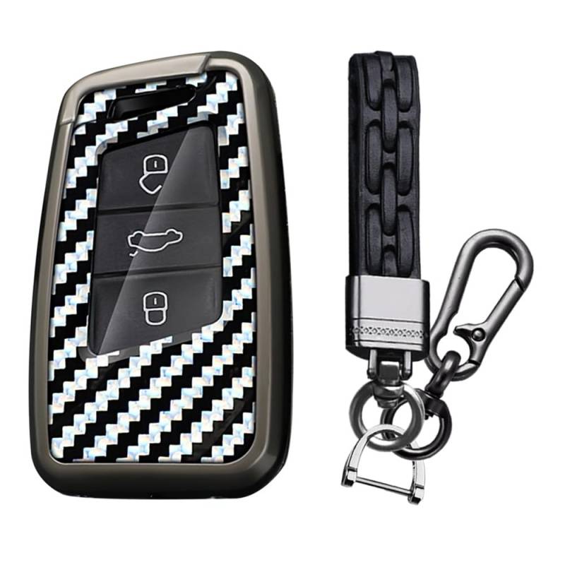 TECART Smart Autoschlüssel Hülle cover Passt für VW Golf 7 MK7 Tiguan Touran Touareg Teramont CC MK2 Jetta(A7) Arteon Atlas Magotan PVC Schlüsselanhänger Keyless Go Schutz 3 Taste Kohlefaser A Weiß von TECART