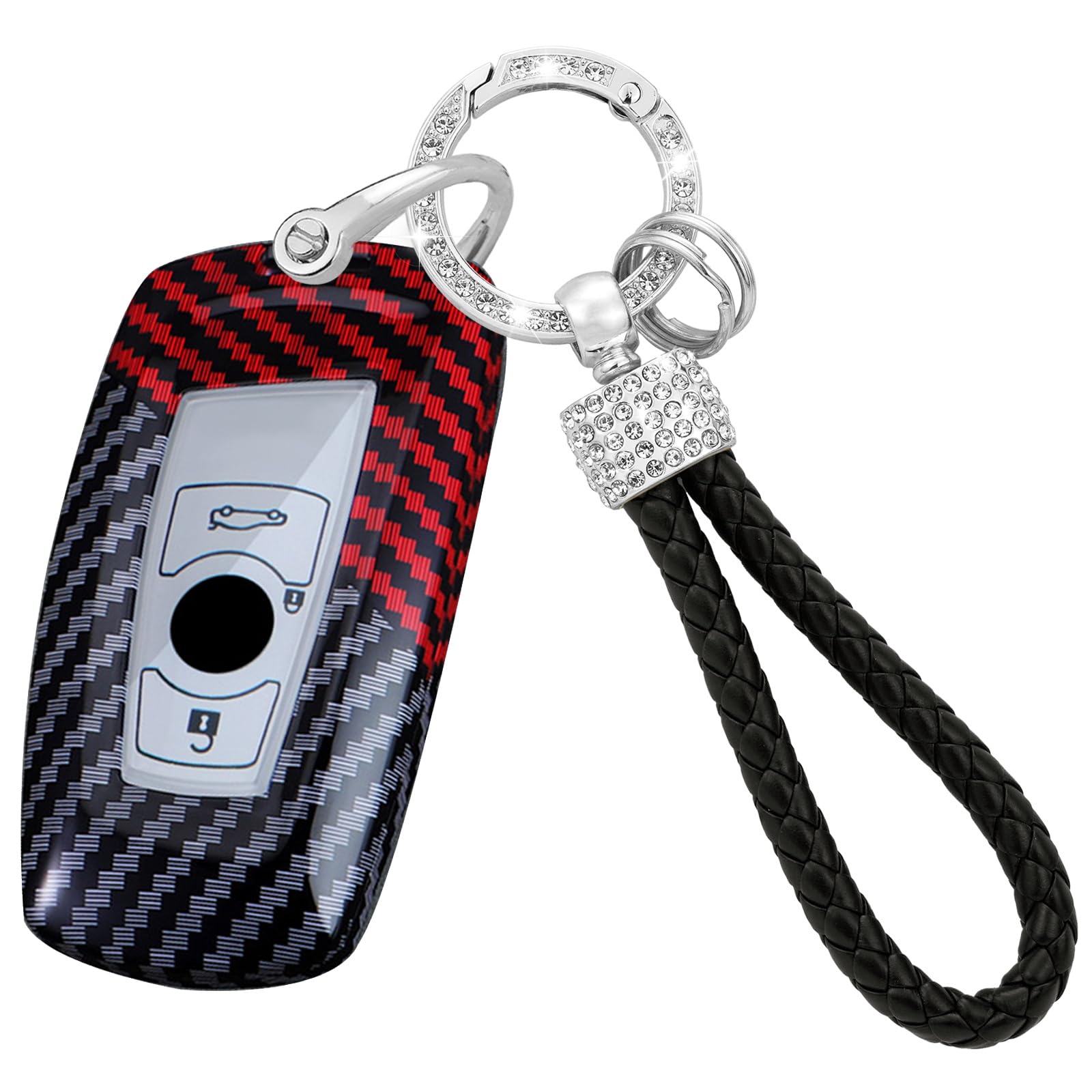 TECART Smart Funkschlüssel Cover Schlüssel Gehäuse Passt für BMW 1 2 3 4 5 6 7 Serie F35 F22 X3 F25 F20 F22 F30 F10 F11 F06 F01 Mit Diamant Schlüsselanhänger Schlüssel PC 3 Tasten-Schwarz Rot von TECART