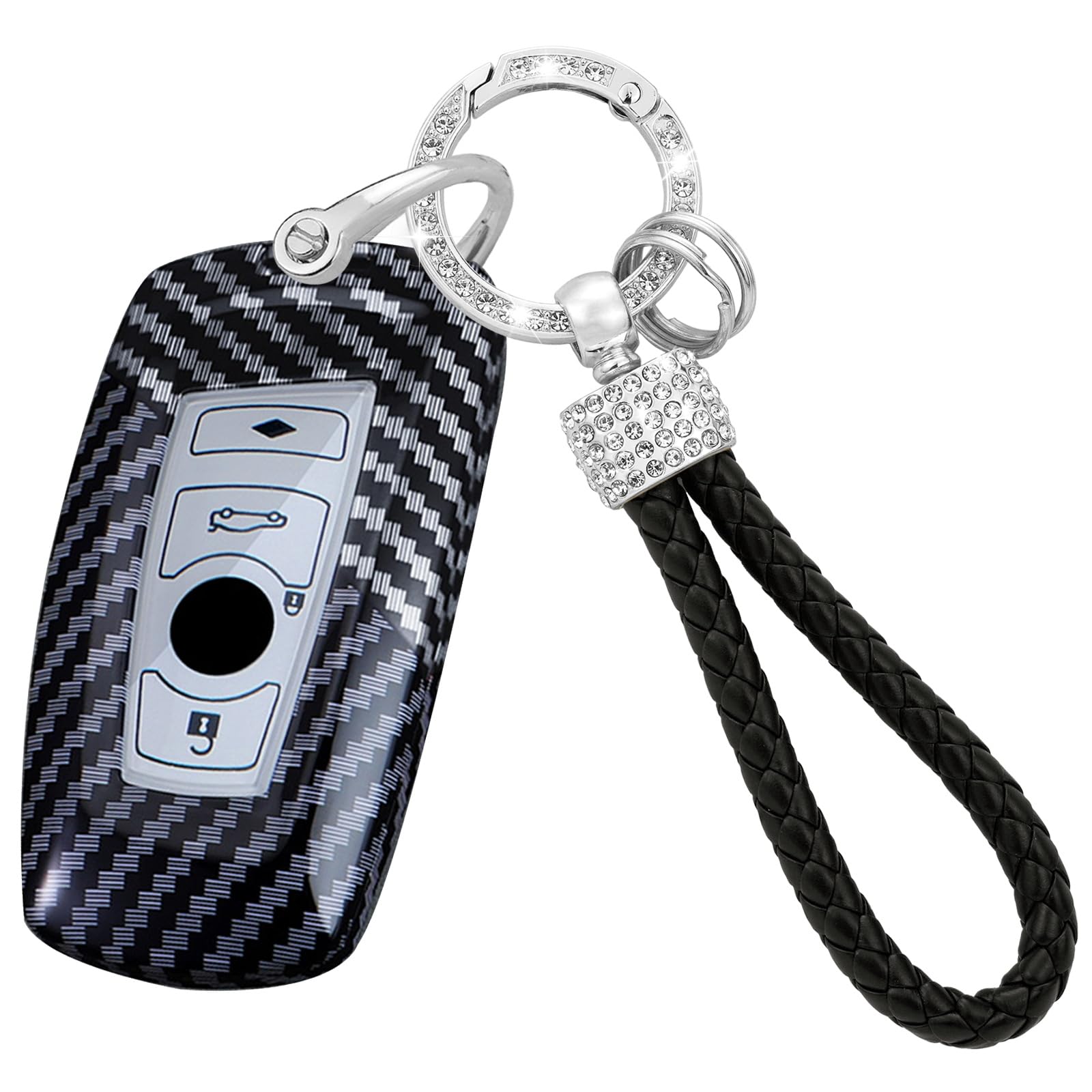 TECART Smart Funkschlüssel Cover Schlüssel Gehäuse Passt für BMW 1 2 3 4 5 6 7 Serie F35 F22 X3 F25 F20 F22 F30 F10 F11 F06 F01 Mit Diamant Schlüsselanhänger Schlüssel PC 4 Tasten-Schwarz Weiß von TECART