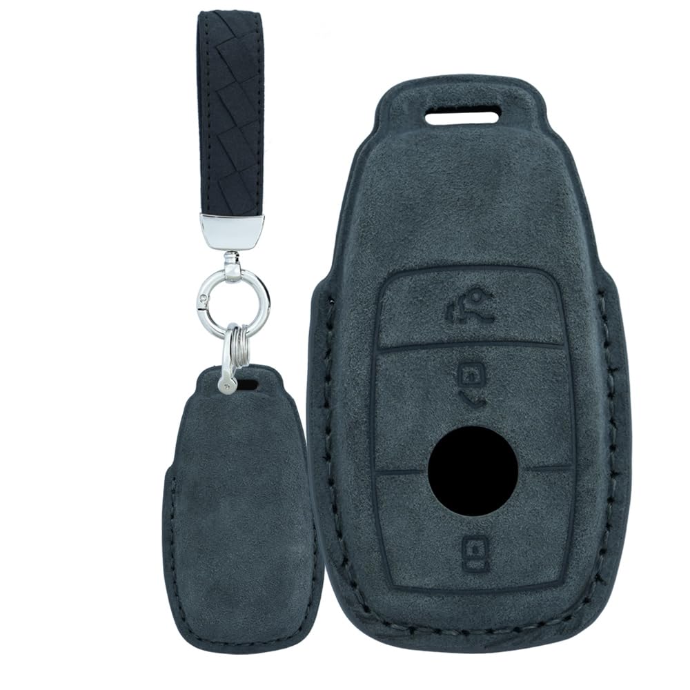 TECART Wildleder Autoschlüssel Hülle Passt für Mercedes Benz A C E S G Klasse GLC CLE CLA W177 W205 W213 W222 S63 AMG Schutzhülle Schlüssel Zubehör Schlüssel 3 Keyless Tasten B Tief grau von TECART