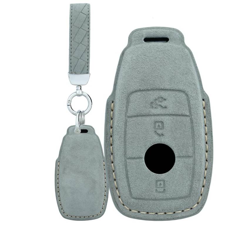 TECART Wildleder Autoschlüssel Hülle Cover Passt für Mercedes Benz A C E S G Klasse GLC CLE CLA W177 W205 W213 W222 S63 AMG Schutzhülle Schlüsselcover Zubehör Schlüssel Mit 3 Keyless Tasten B Grau von TECART