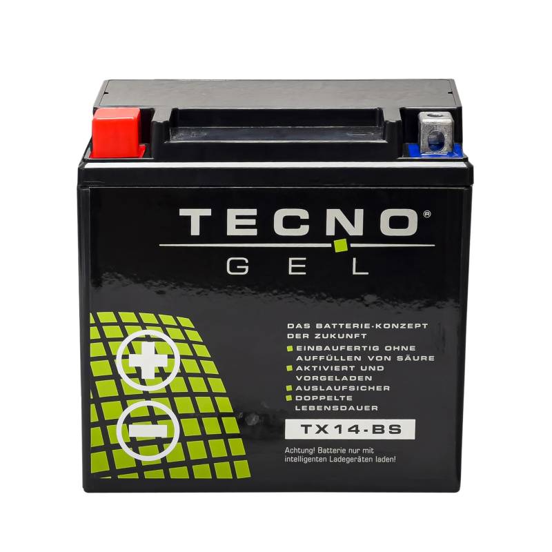 TECNO GEL Motorrad-Batterie für YTX14-BS, 12V Gel-Batterie 12 Ah (DIN 51214), 151x87x145 mm u.a. f Buell, Cagiva, Gilera, Ducati von TECNO-GEL