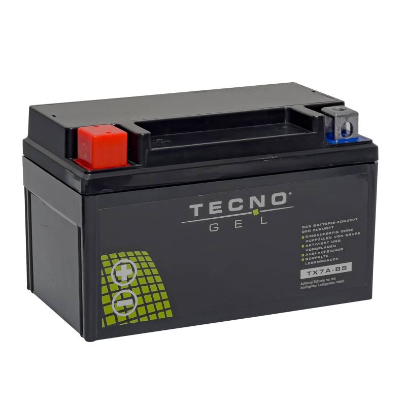 TECNO-GEL Motorrad-Batterie für YTX7A-BS für Kymco Super 8, Zing, Malaguti Monte Pro, Masai K 150, MBK XC 125, Motowell Crogen 50, Magnet, 12V Gel-Batterie 6 Ah (DIN 50615), 151x87x94 mm Pol + - von TECNO-GEL