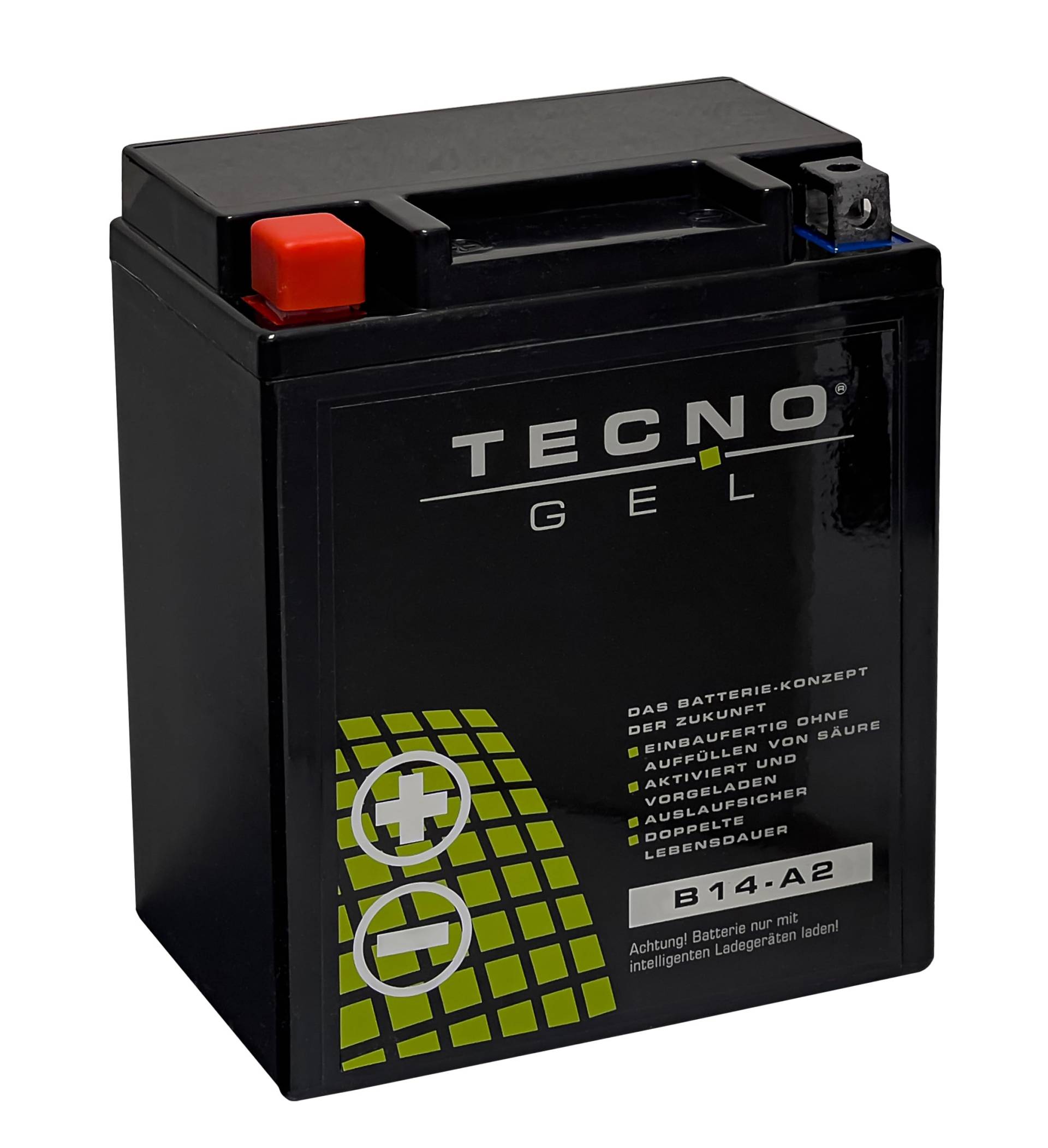 TECNO GEL Motorrad Qualitäts Batterie für YB14-A2 14 Ah 12V 170 CCA 135 x 90 x 170 mm Pol - + für Arctic u Textron Cat, Prowler, Cagiva Alazurra, W12, Ducati F1 750, Pantah von TECNO-GEL