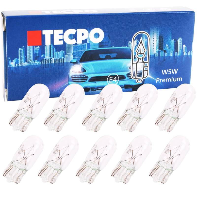 TECPO 100x Glassockel Birnen W5W 12V 5W, T10 W2.1x9,5d, E-Prüfzeichen, StVZO zugelassen, für viele Fahrzeuge mit T10 Fassung, robuste Qualität, Standlicht, Innenraumbeleuchtung, Kennzeichenbeleuchtung von TECPO