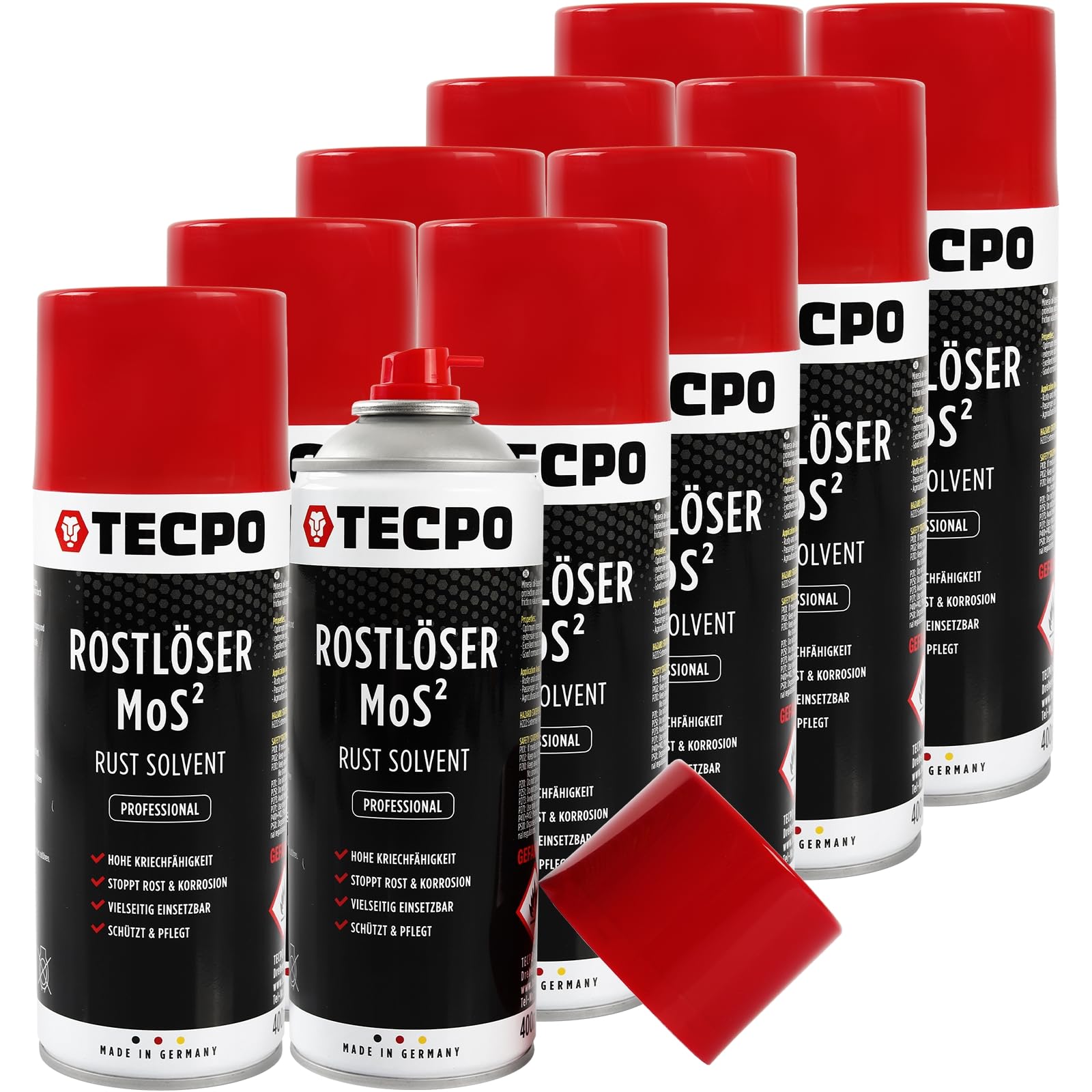 TECPO 10x Rostlöser MoS², 400ml Schmiermittel Rost Umwandler - Multifunktionsspray mit Korrosionsschutz und Kriechfähigkeit für oxidierte und verrostete Verbindungen von TECPO