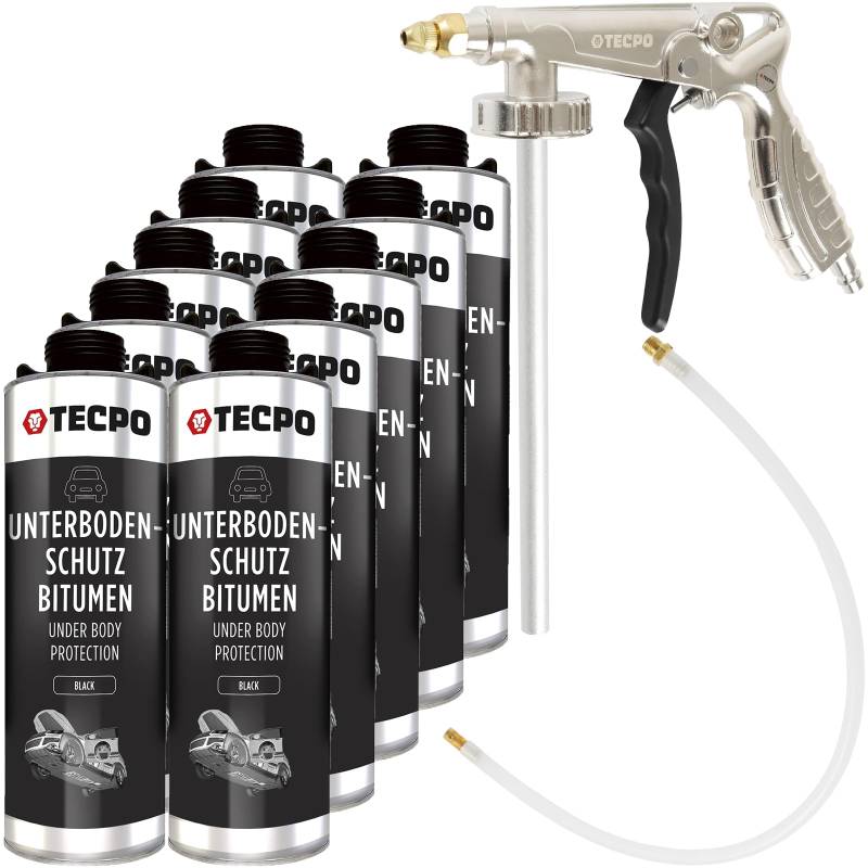 TECPO 10x Unterbodenschutz, 1 Liter Bitumen Schwarz Steinschlagschutz + Sprühpistole von TECPO