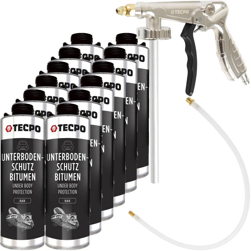 TECPO 12x Unterbodenschutz, 1 Liter Bitumen Schwarz Steinschlagschutz + Sprühpistole von TECPO