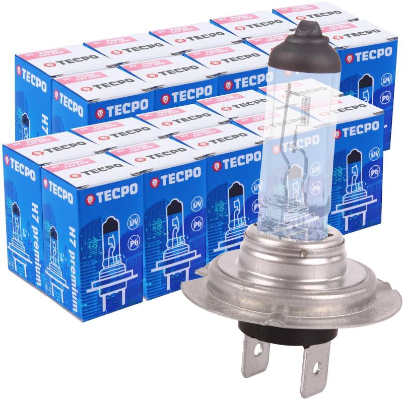 TECPO 20x H7 Glühbirnen 12V 55W, geeignet für Abblendlicht, Fernlicht, Nebelscheinwerfer & Kurvenlicht, PX26d, mit E4-Prüfzeichen, STVZO-zugelassen, passend für alle gängigen Fahrzeuge mit H7-Lampen von TECPO