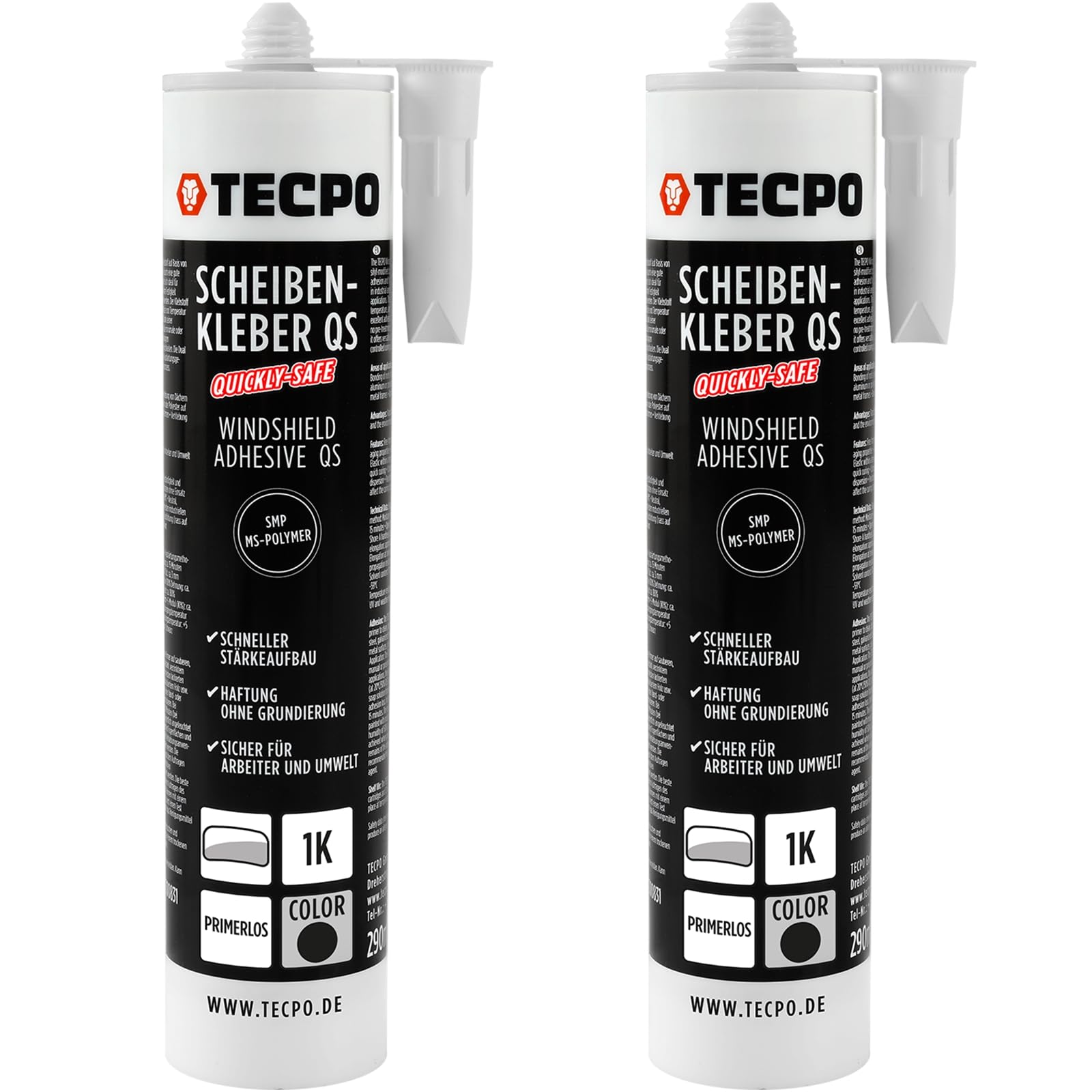 TECPO 2X Scheibenkleber Quickly-Safe, 290ml MS-Polymer primerlos mit Kleb- und Dichtstoff-Technologie Scheibenklebstoff - Elastisch witterungsbeständiger Klebstoff zum Verkleben und Abdichten von TECPO