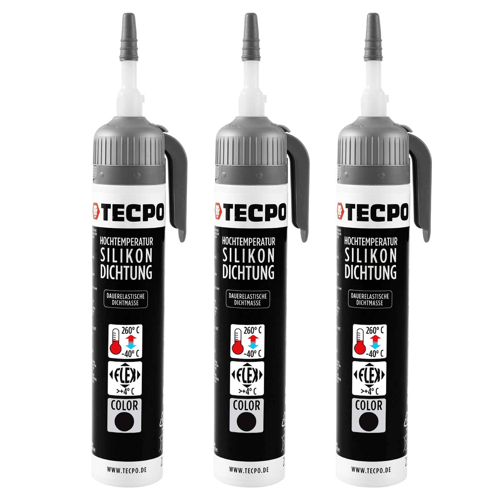 TECPO 3X Hochtemperatur Dichtstoff Dichtmasse, 200 ml Silikon Dichtung Dauerelastisch schwarz hitze- und wasserbeständig Silikondichtmasse von TECPO