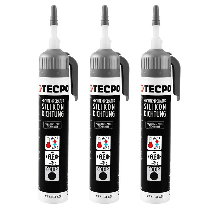 TECPO 3X Hochtemperatur Dichtstoff Dichtmasse, 200 ml Silikon Dichtung Dauerelastisch schwarz hitze- und wasserbeständig Silikondichtmasse von TECPO