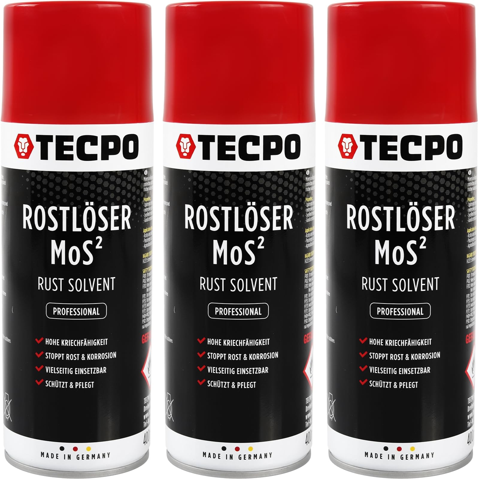 TECPO 3X Rostlöser MoS², 400ml Schmiermittel Rost Umwandler - Multifunktionsspray mit Korrosionsschutz und Kriechfähigkeit für oxidierte und verrostete Verbindungen von TECPO