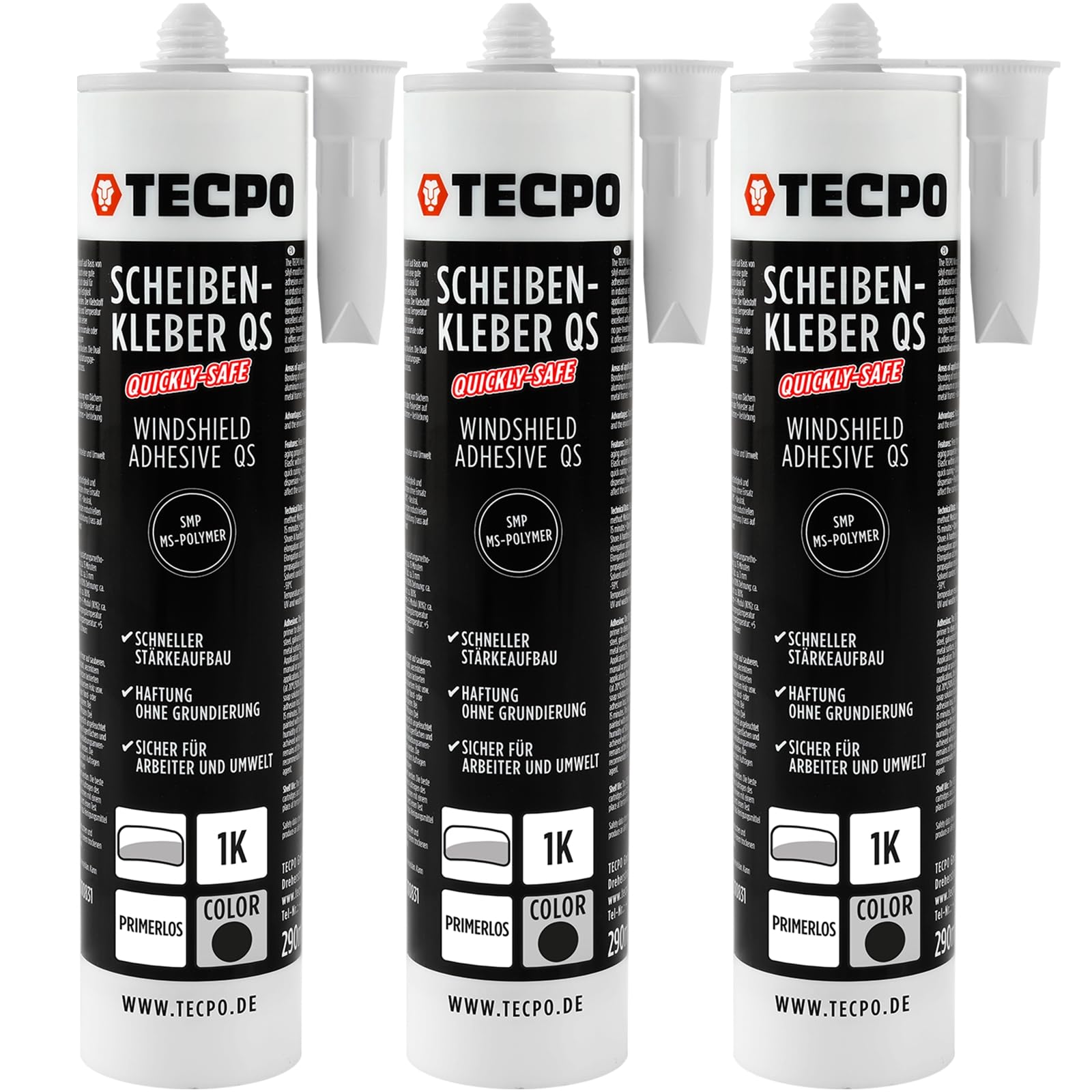 TECPO 3X Scheibenkleber Quickly-Safe, 290ml MS-Polymer primerlos mit Kleb- und Dichtstoff-Technologie Scheibenklebstoff - Elastisch witterungsbeständiger Klebstoff zum Verkleben und Abdichten von TECPO