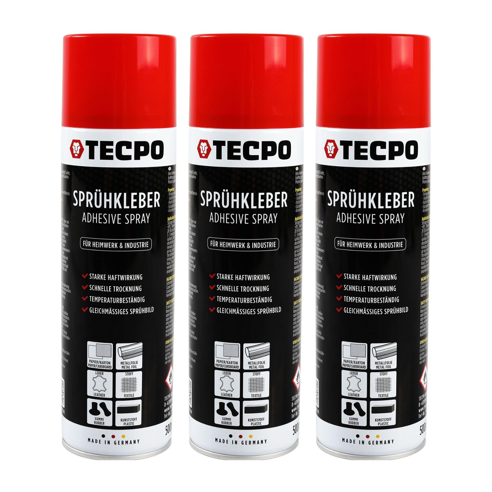 TECPO 3X Sprühkleber, 500ml Industriekleber, Kontaktkleber Alleskleber für Leder, Schaumstoff, Kunststoff, Metall, Papier, Gummi UVM. von TECPO