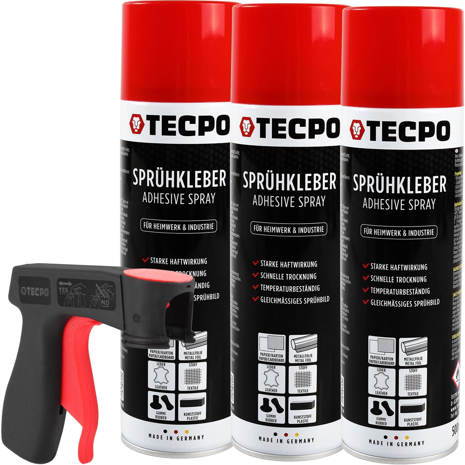 TECPO 3x Sprühkleber 500ml, Industriekleber, Stark haftend, Schnelle Trocknung, Hohe Temperaturbeständigkeit, Vielseitig für Textilien, Leder, Schaumstoffe, Dämmmaterialien, PVC, Papier + Sprühpistole von TECPO