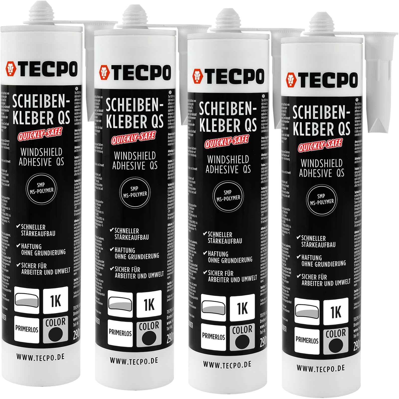 TECPO 4X Scheibenkleber Quickly-Safe, 290ml MS-Polymer primerlos mit Kleb- und Dichtstoff-Technologie Scheibenklebstoff - Elastisch witterungsbeständiger Klebstoff zum Verkleben und Abdichten von TECPO