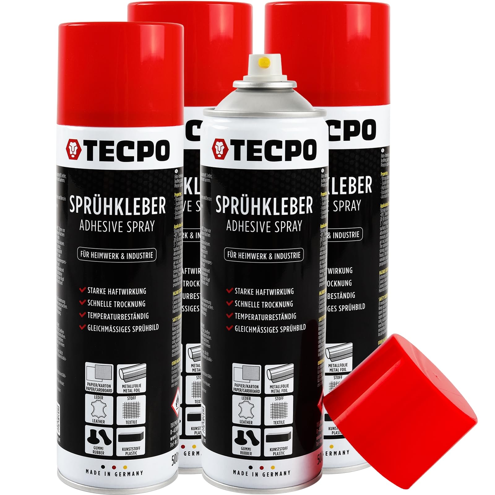 TECPO 4X Sprühkleber, 500ml Industriekleber, Kontaktkleber Alleskleber für Leder, Schaumstoff, Kunststoff, Metall, Papier, Gummi UVM. von TECPO