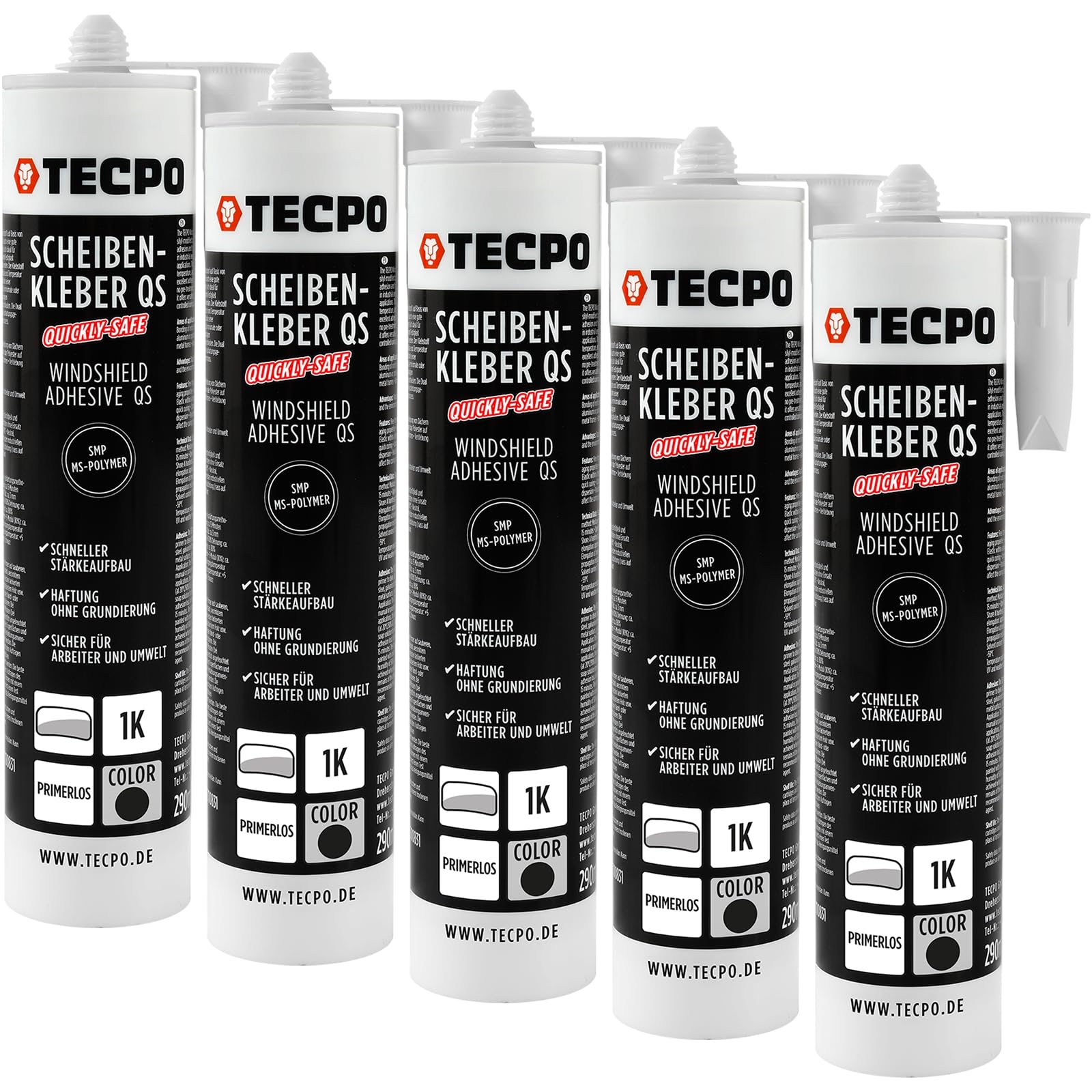 TECPO 5X Scheibenkleber Quickly-Safe, 290ml MS-Polymer primerlos mit Kleb- und Dichtstoff-Technologie Scheibenklebstoff - Elastisch witterungsbeständiger Klebstoff zum Verkleben und Abdichten von TECPO