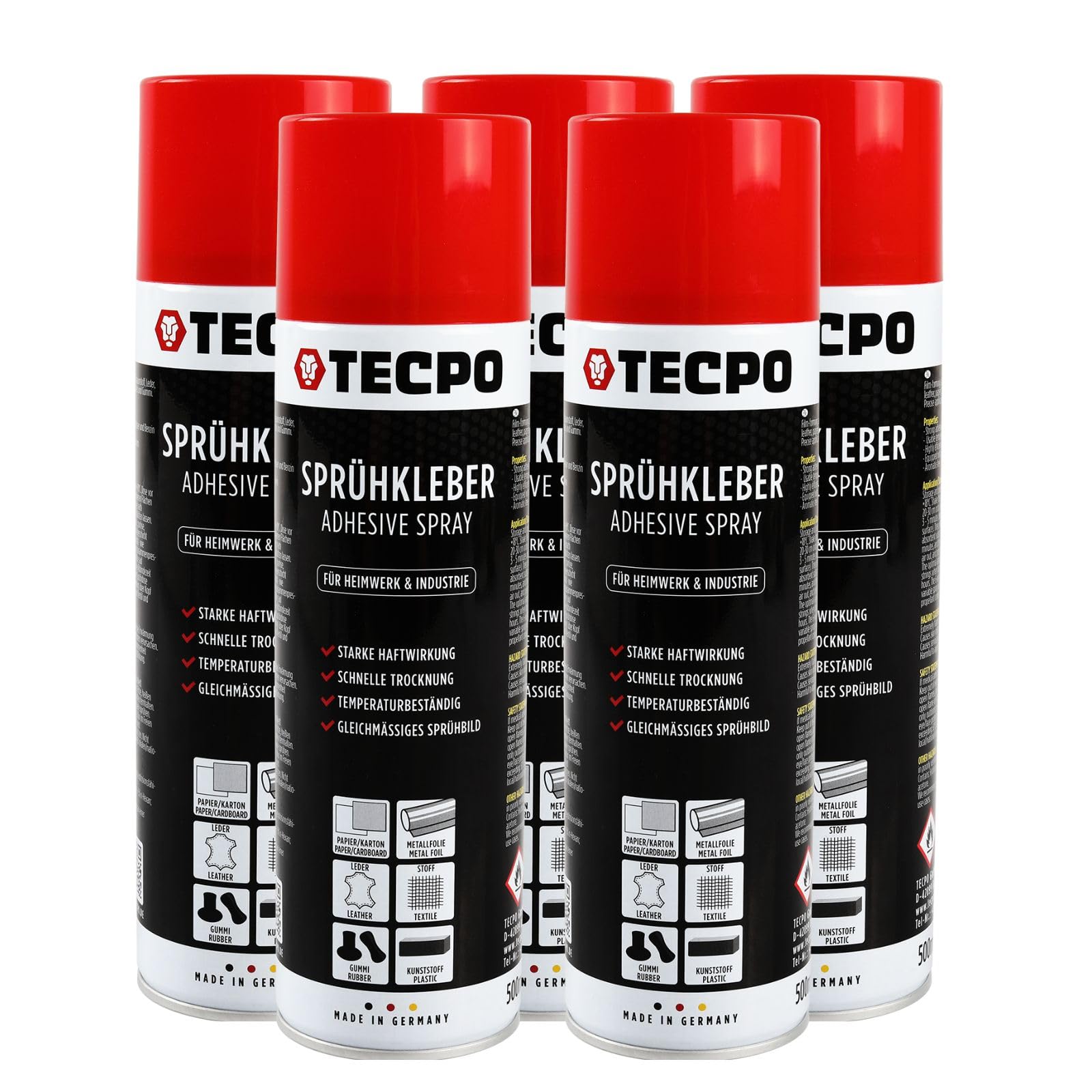 TECPO 5X Sprühkleber, 500ml Industriekleber, Kontaktkleber Alleskleber für Leder, Schaumstoff, Kunststoff, Metall, Papier, Gummi UVM. von TECPO