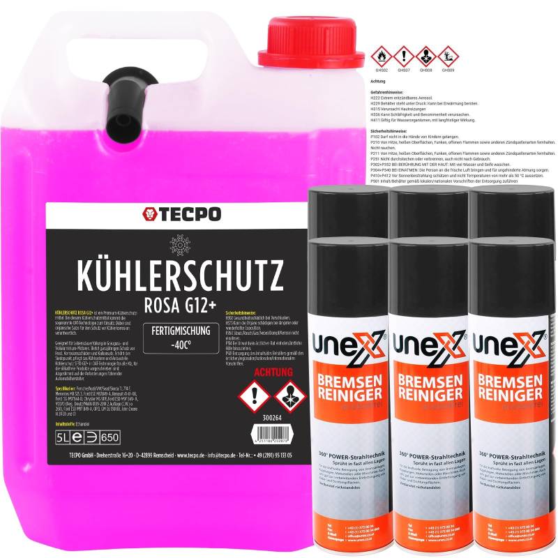 TECPO 6X Bremsenreiniger, 500ml + Kühlerfrostschutz rosa G12, 5 Liter + Kühlmittel -40°C von TECPO