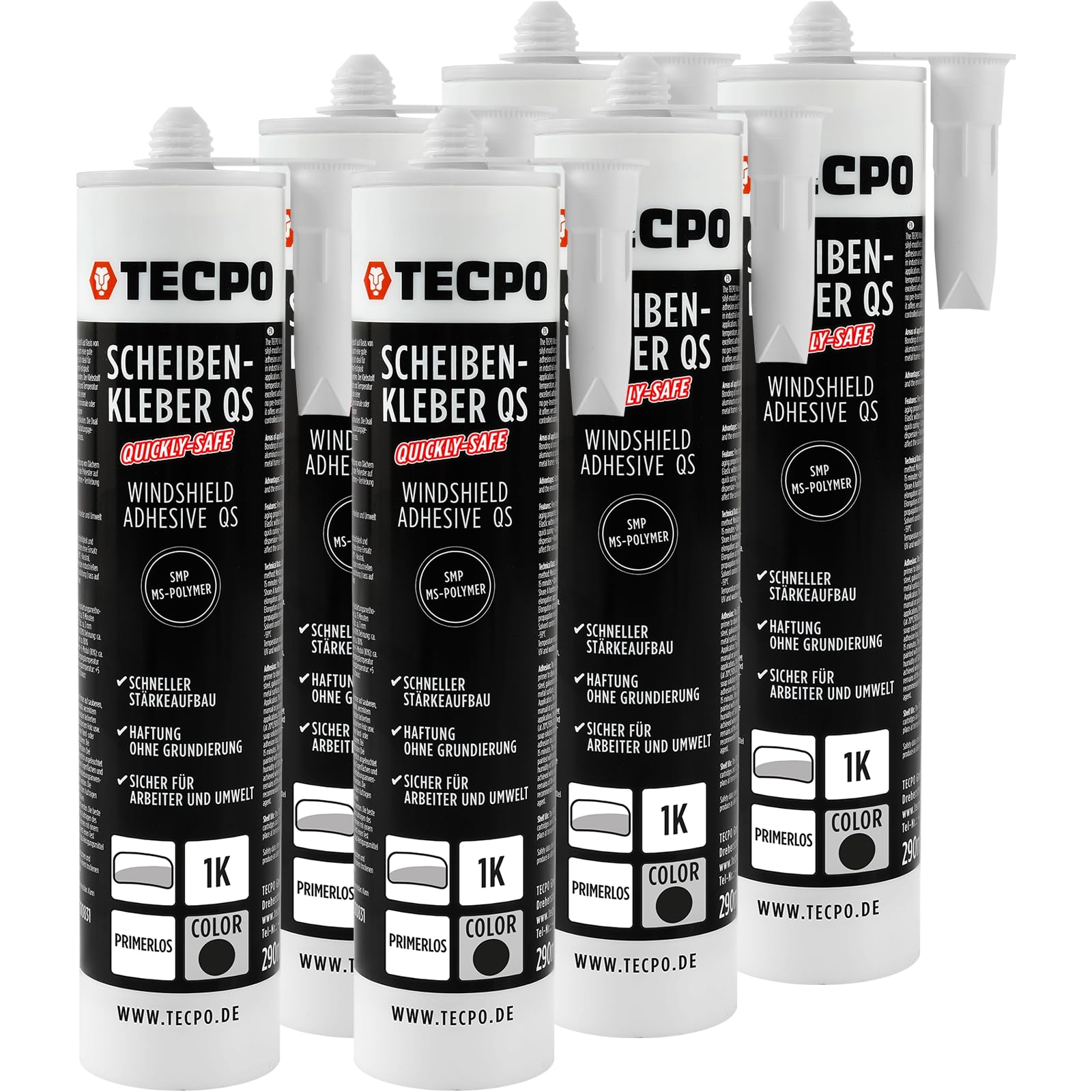 TECPO 6X Scheibenkleber Quickly-Safe, 290ml MS-Polymer primerlos mit Kleb- und Dichtstoff-Technologie Scheibenklebstoff - Elastisch witterungsbeständiger Klebstoff zum Verkleben und Abdichten von TECPO