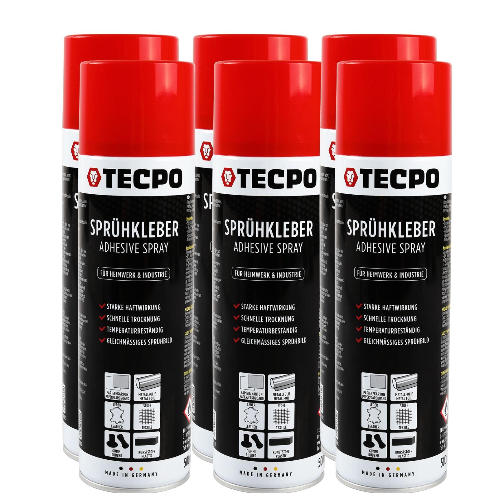 TECPO 6X Sprühkleber, 500ml Industriekleber, Kontaktkleber Alleskleber für Leder, Schaumstoff, Kunststoff, Metall, Papier, Gummi UVM. von TECPO