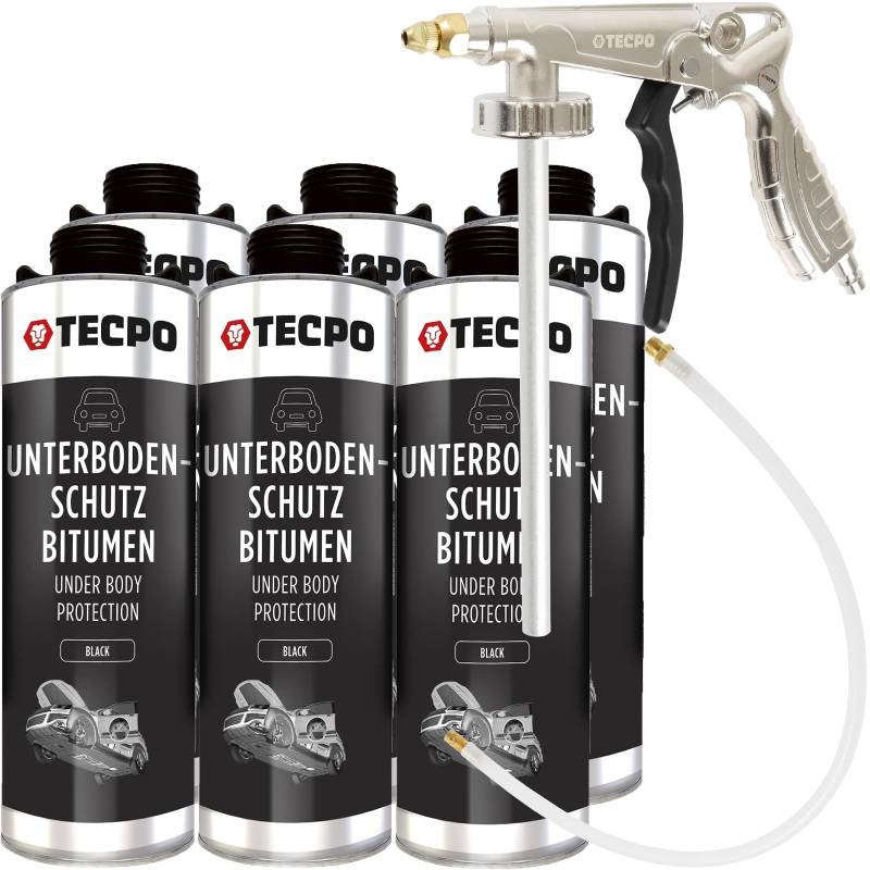 TECPO Bitumen-Unterbodenschutz Schwarz 6 Liter, langanhaltender Rost- & Steinschlagschutz, dauerelastisch, Starke Haftung, Wasser-& chemikalienbeständig, Anti-Dröhn-Effekt, mit Druckluft-Sprühpistole von TECPO