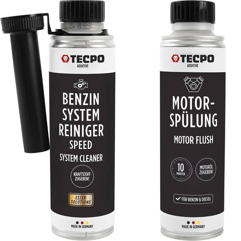 TECPO Benzin System-Reiniger Speed ESTER 300 ml + Motorspülung Motor Flush Additiv 300 ml - Effektive Reinigung für Benzin- & Dieselmotoren, entfernt Ablagerungen, schützt & verlängert die Lebensdauer von TECPO